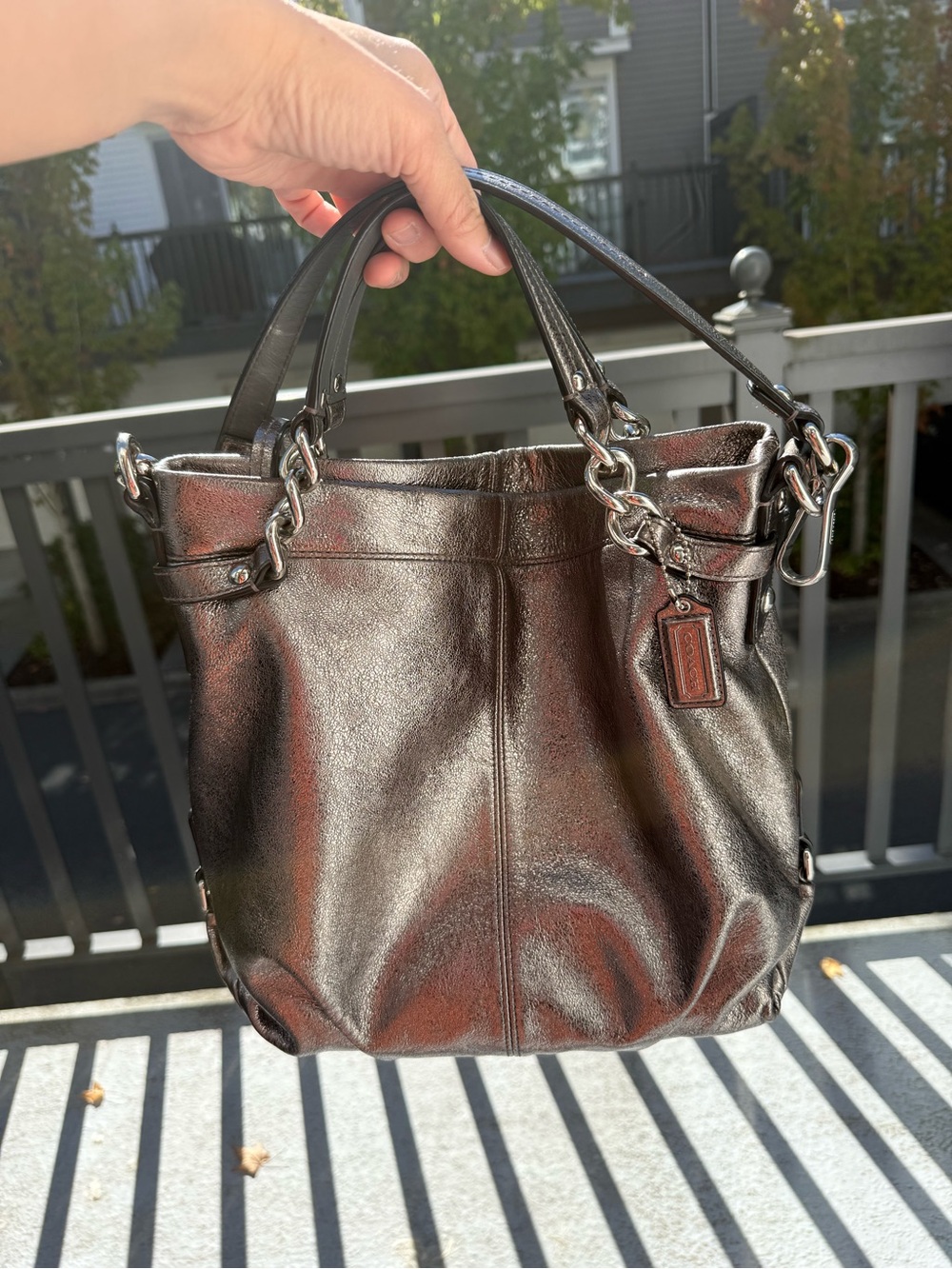 Coach Metallic Pewter Leather Tote Bag with Chain Handles